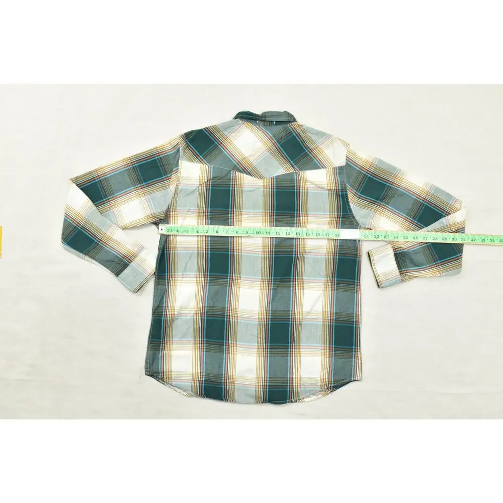 Levi's Western Pearl Snap Shirt Mens Medium Green Orange Plaid Long Sleeve Stand